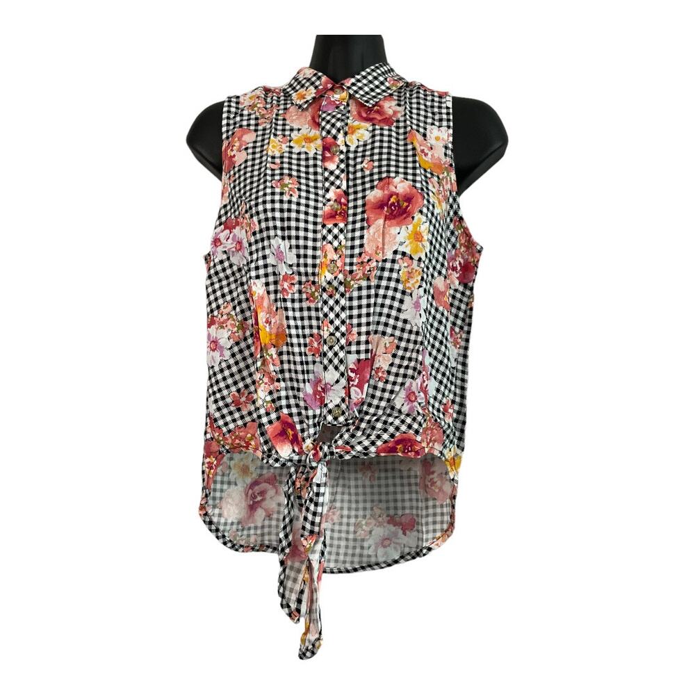 Polly & Esther Size Small Tie Front Gingham Floral Button Down Sleeveless Blouse